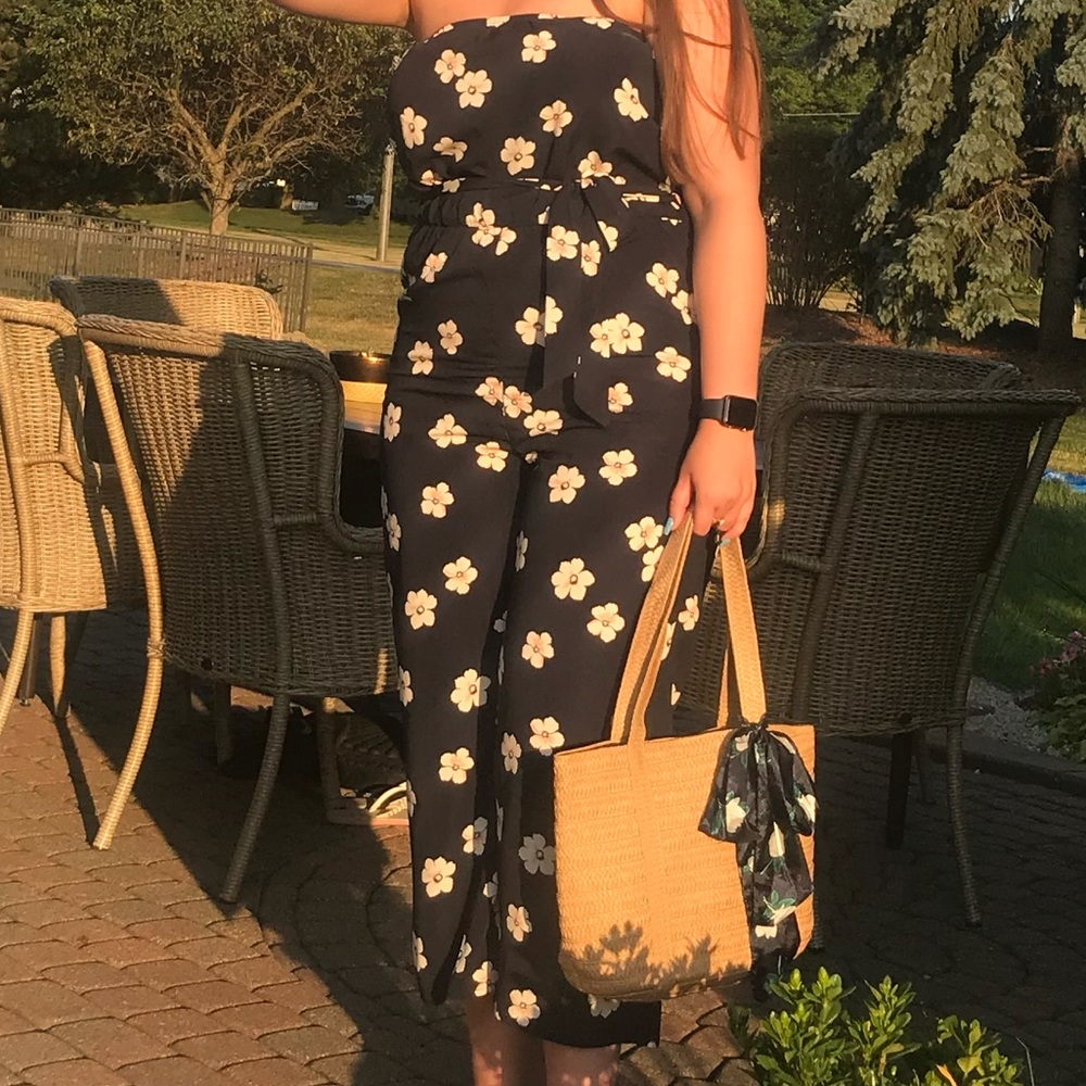 Black floral strapless jumpsuit